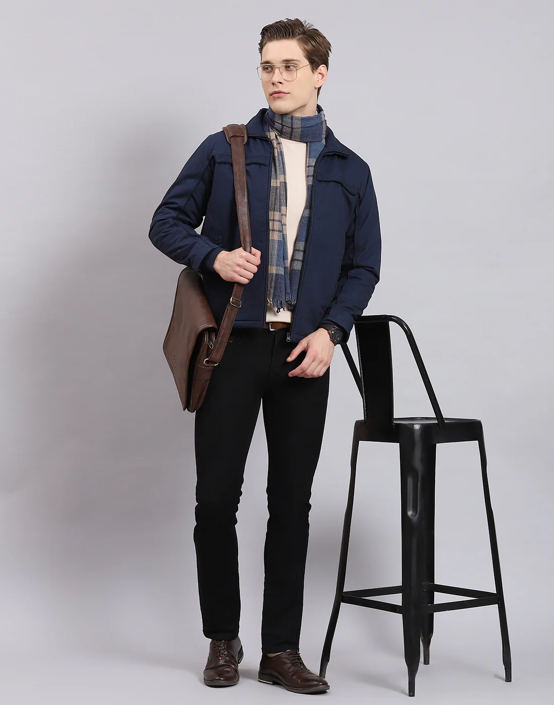 Men Navy Blue Solid Collar Full Sleeve Jacket