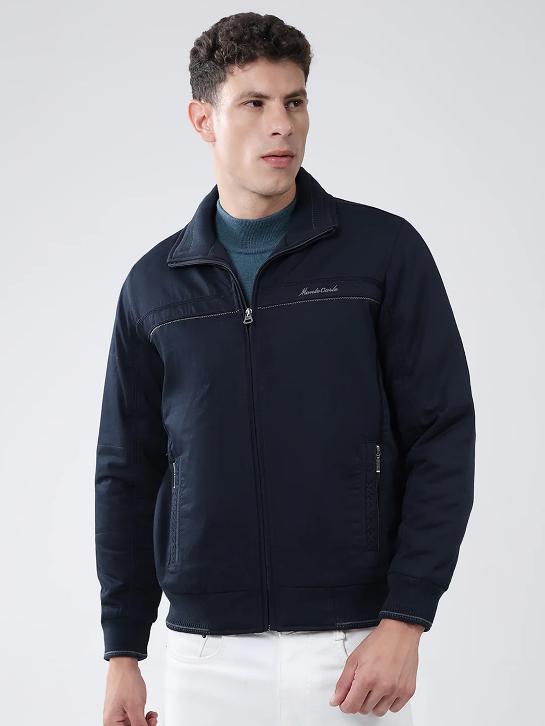 Men Navy Blue Solid Collar Full Sleeve Jacket