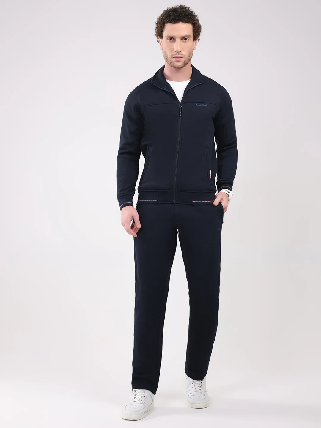 Men Navy Blue Solid Collar Full Sleeve Winter Tracksuit