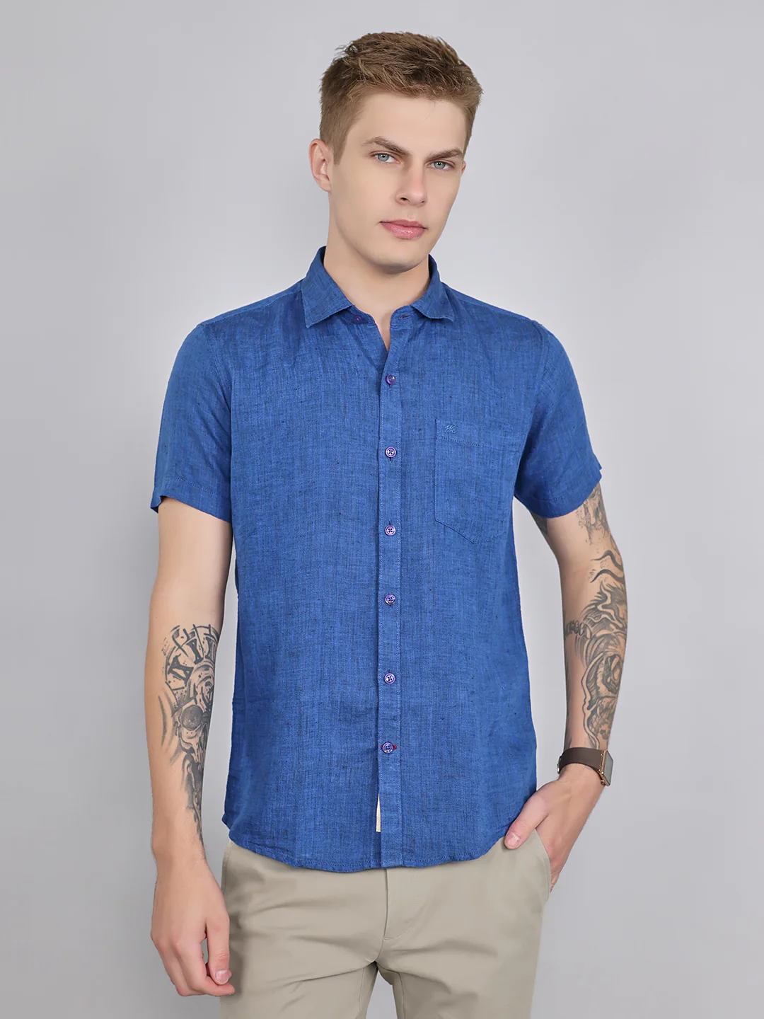 Men Navy Blue Solid Collar Half Sleeve Shirt