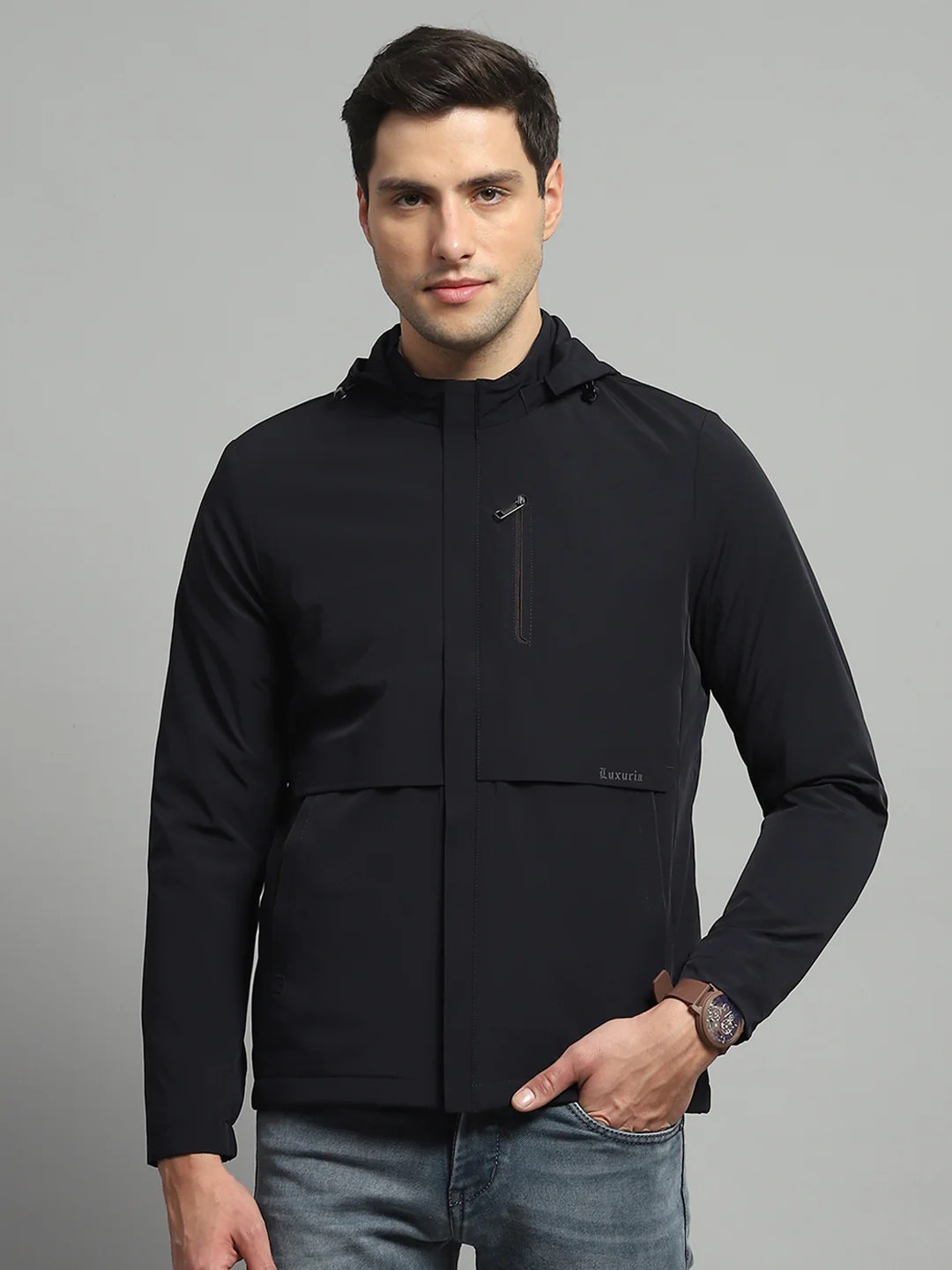 Luxuria Men Navy Blue Solid Detachable Hood Full Sleeve Jacket