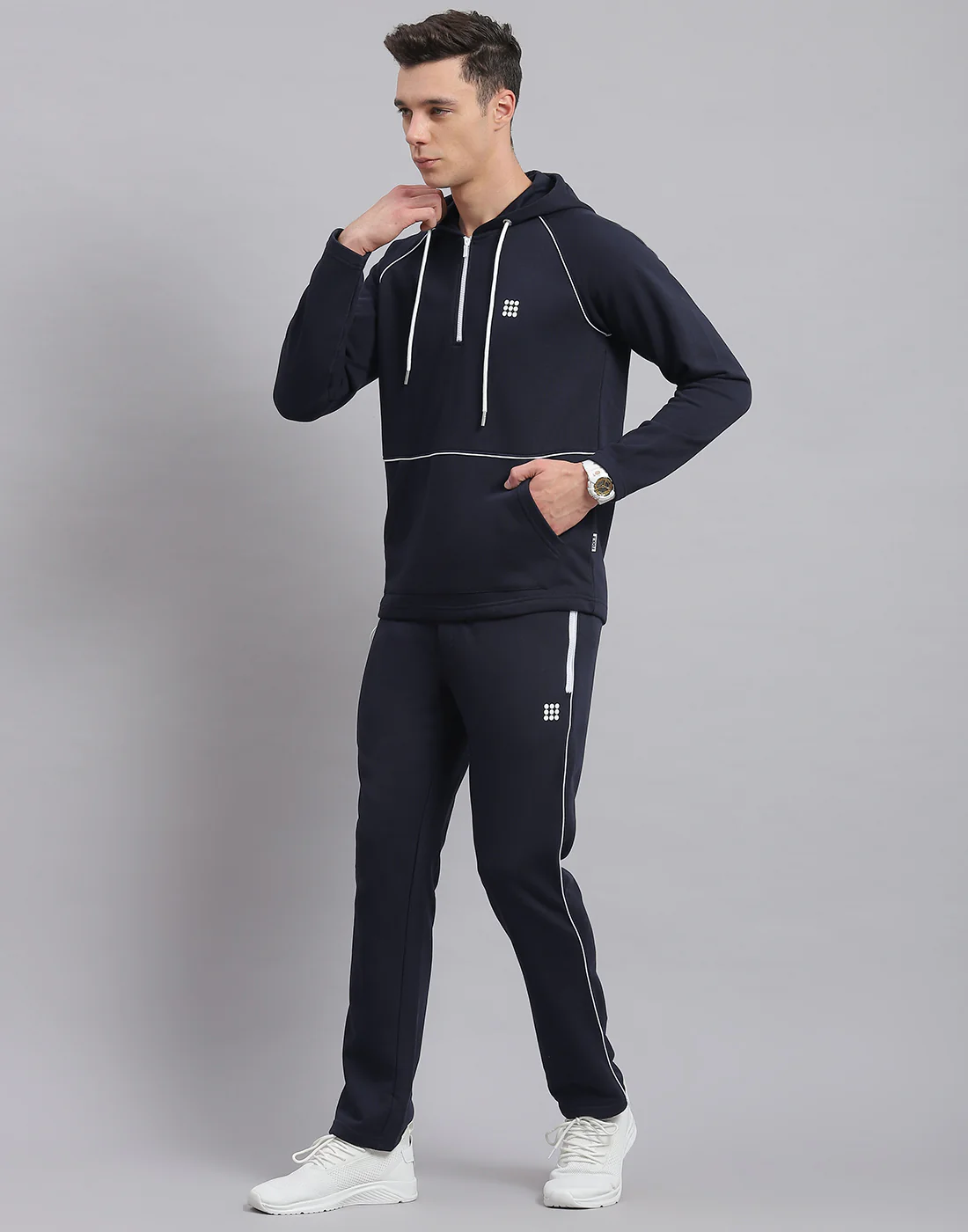 Rock.it Men Navy Blue Solid Hooded Full Sleeve Tracksuit