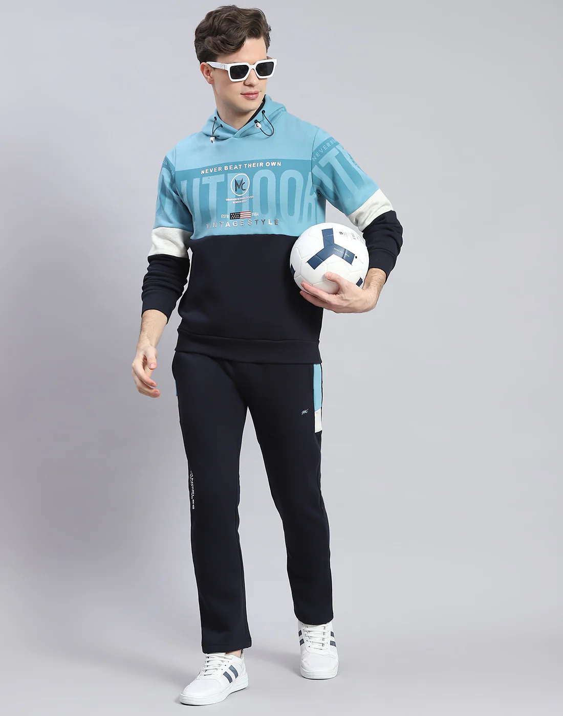 Men Navy Blue Solid Hooded Full Sleeve Tracksuit
