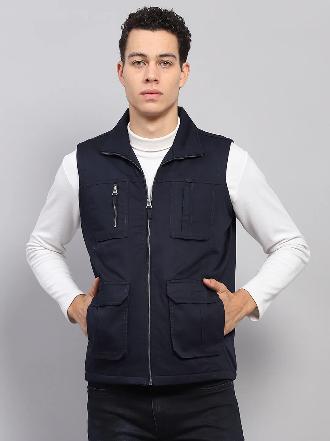 Men Navy Blue Solid Mock Neck Sleeveless Jacket - Image 2