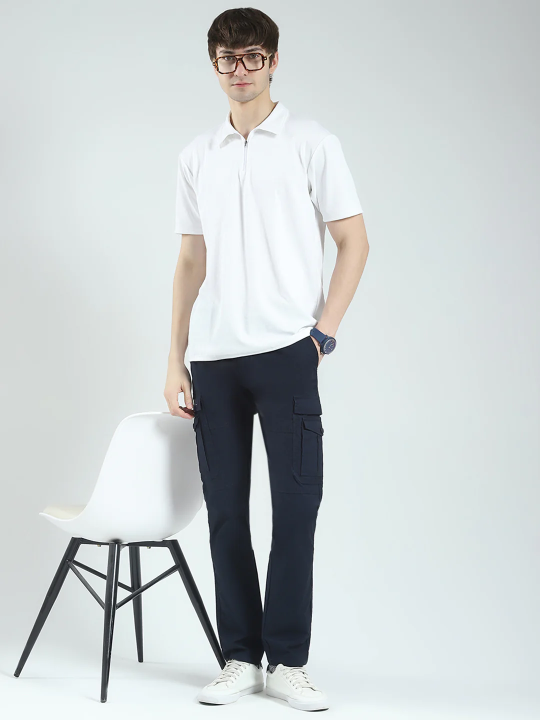 Men Navy Blue Solid Slim Fit Cargo - Image 2
