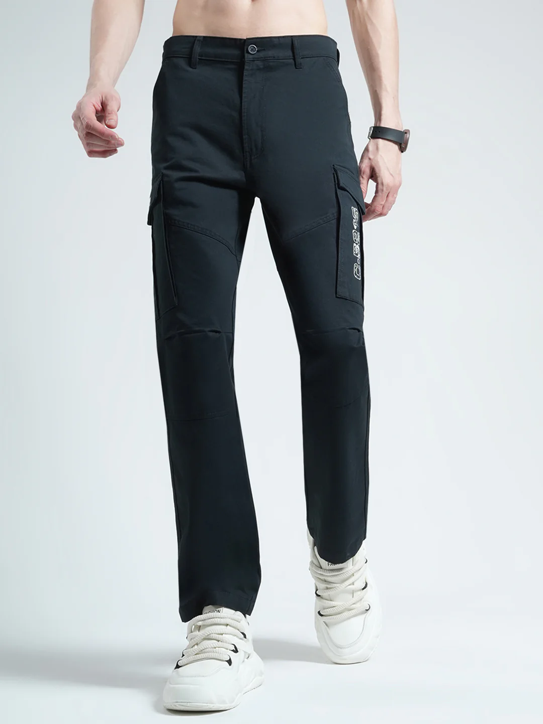 Men Navy Blue Solid Slim Fit Cargo