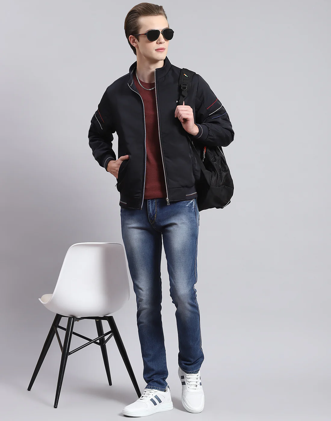 Men Navy Blue Solid Stand Collar Full Sleeve Jacket