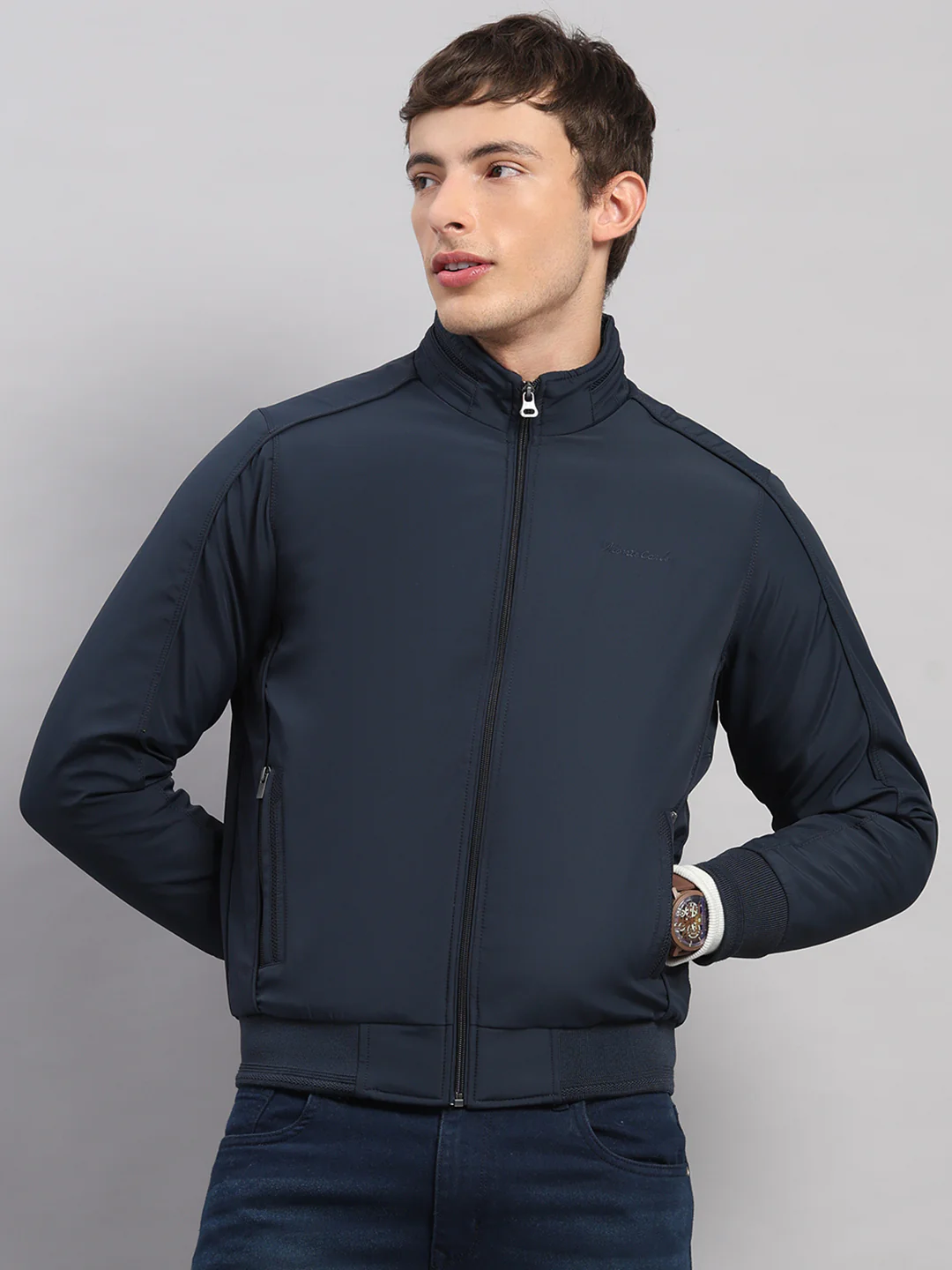 Men Navy Blue Solid Stand Collar Full Sleeve Jacket