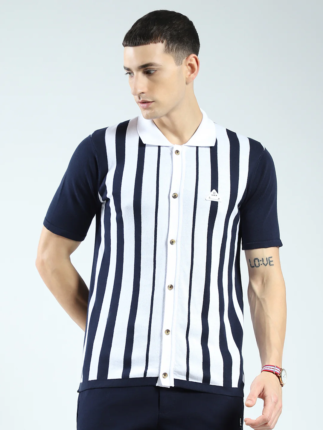Rock.it Men Navy Blue Stripe Collar Half Sleeve Shirt