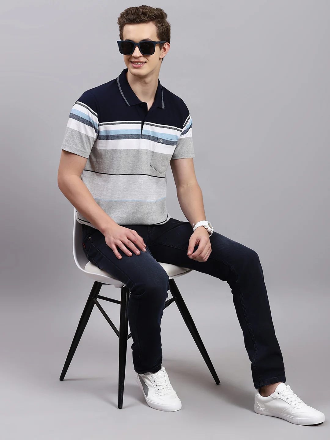 Men Navy Blue Stripe Collar Half Sleeve T-Shirts