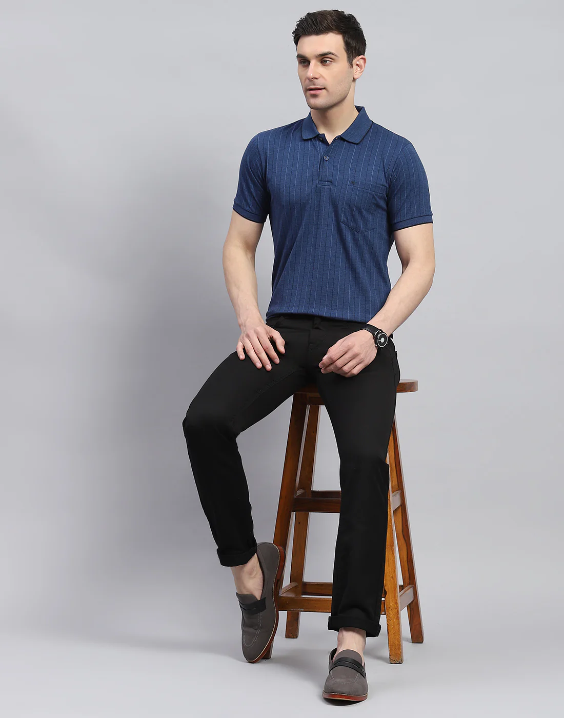 Men Navy Blue Stripe Polo Collar Half Sleeve T-Shirt
