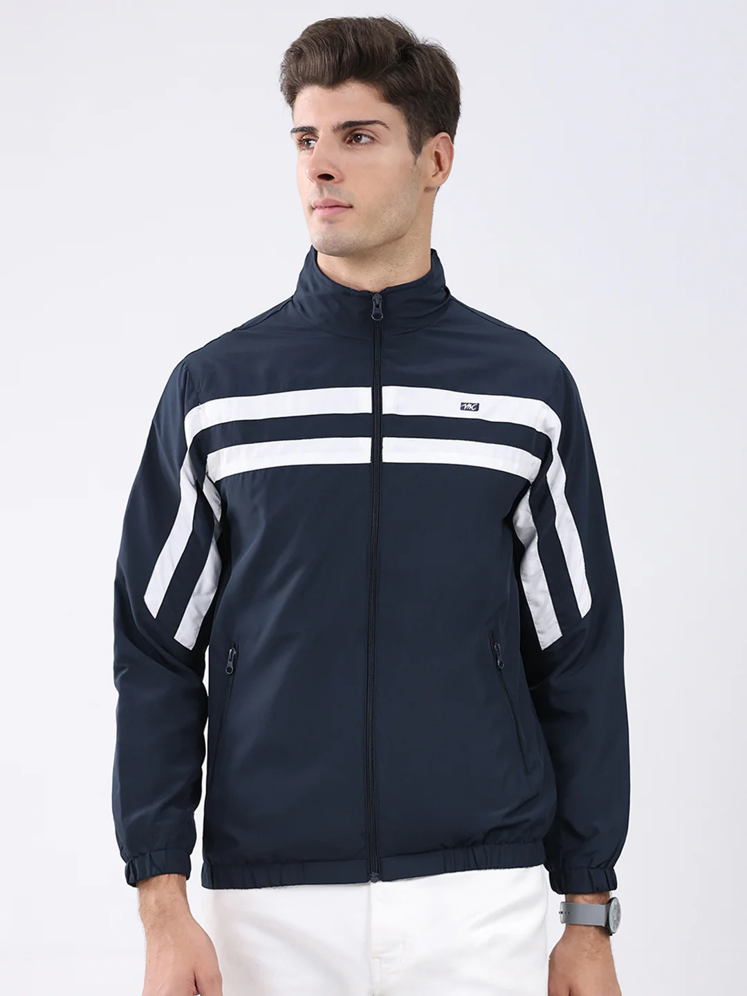Men Navy Blue Stripe Stand Collar Full Sleeve Jacket