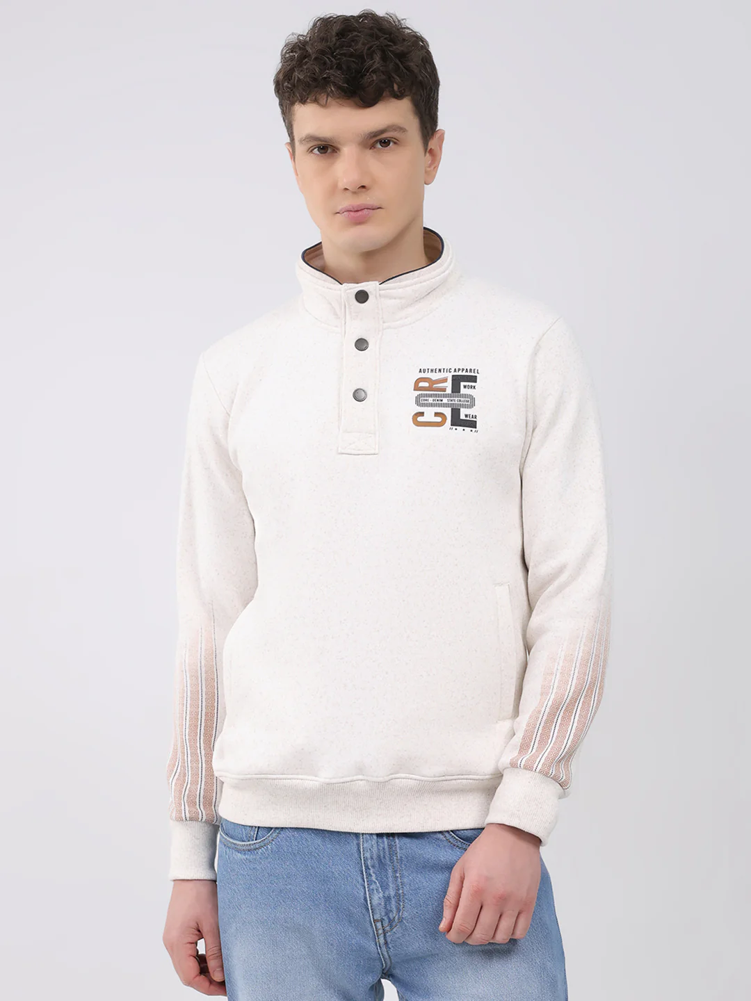 Men Off White Printed Mock Neck Full Sleeve Sweatshirt