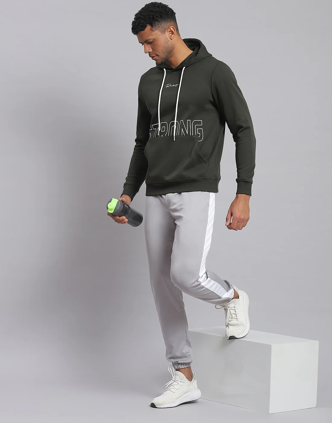 Rock.it Men Olive Printed Hooded Full Sleeve Sweatshirt