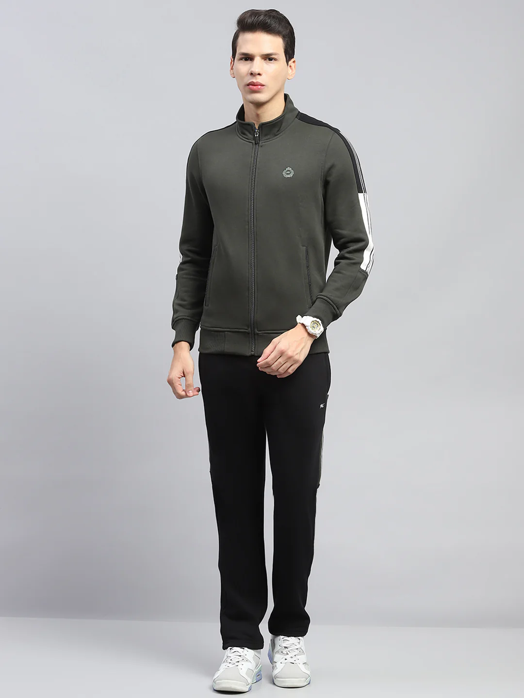 Men Olive Printed Mock Neck Full Sleeve Winter Tracksuit