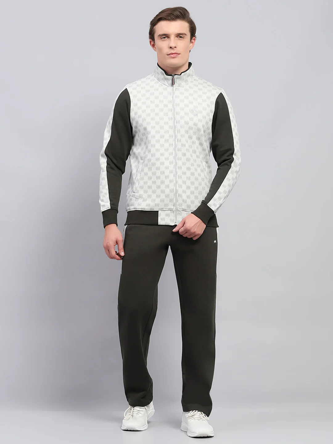 Men Olive Printed Mock Neck Full Sleeve Winter Tracksuit