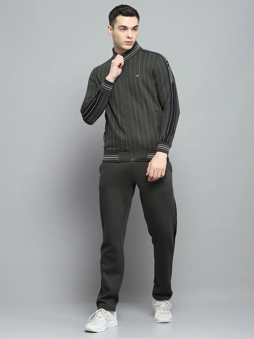 Men Olive Printed Mock Neck Full Sleeve Winter Tracksuit