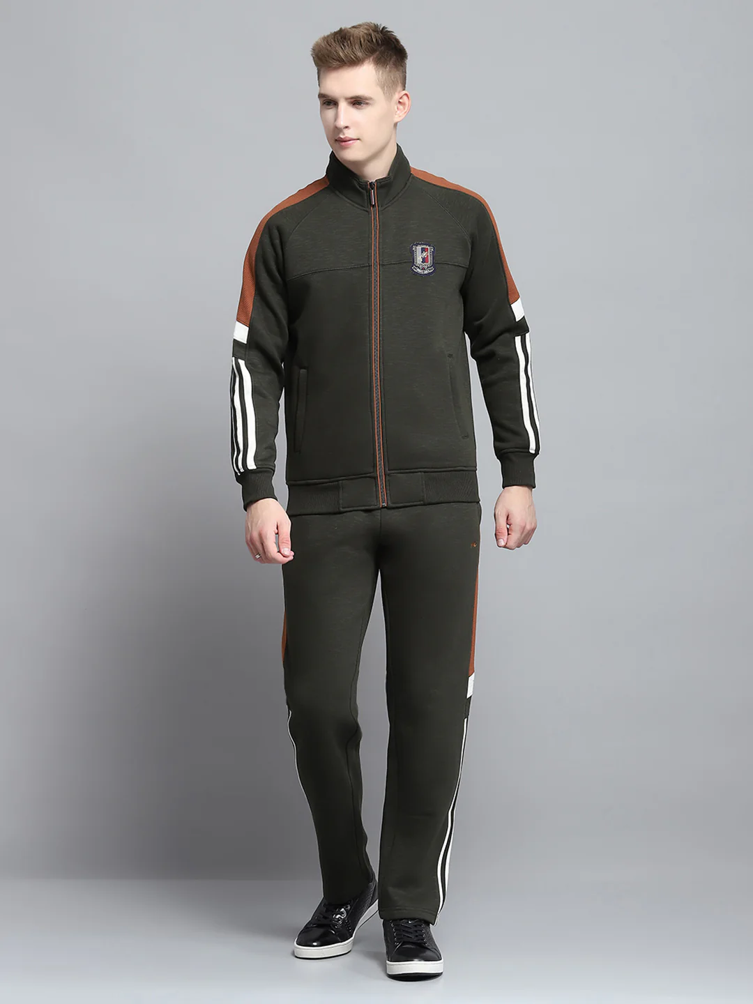 Men Olive Self Design Mock Neck Full Sleeve Winter Tracksuit