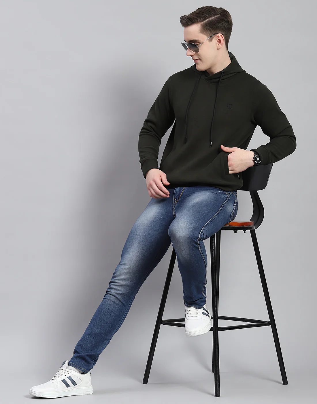 Rock.it Men Olive Solid Hooded Full Sleeve Sweatshirt