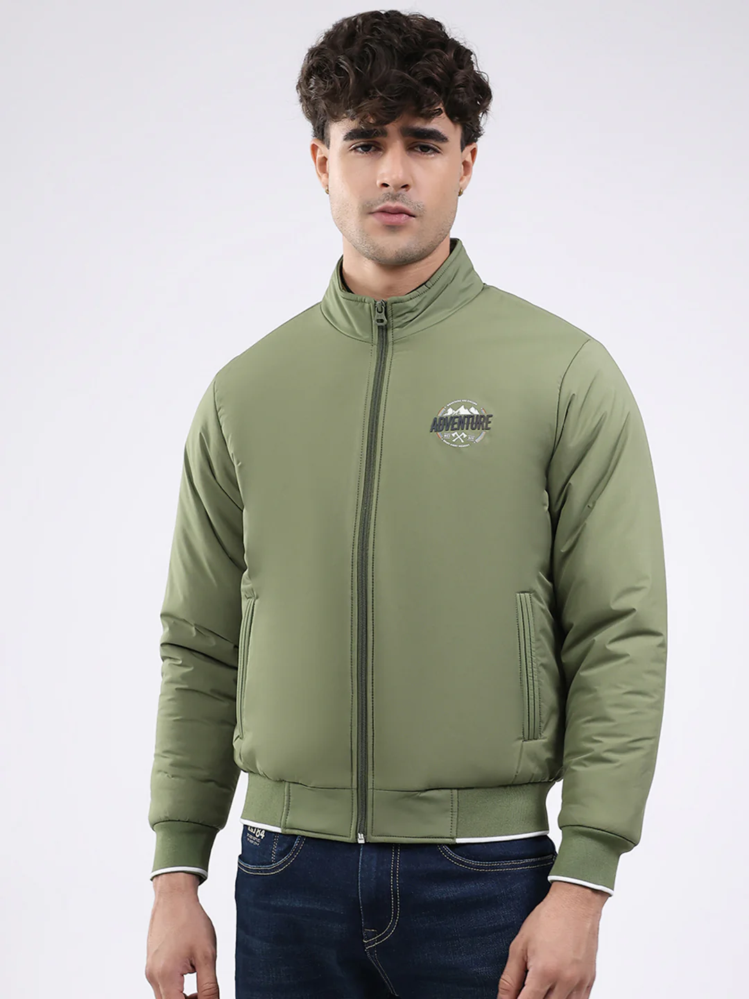 Men Olive Solid Mock Neck Full Sleeve Jacket