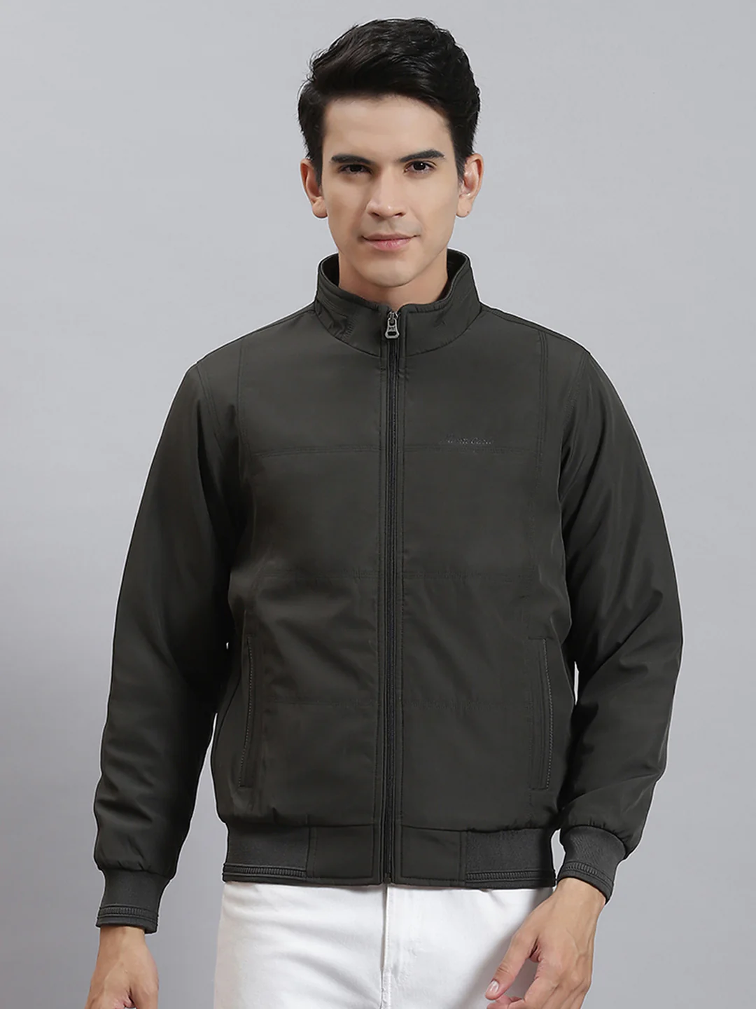 Men Olive Solid Stand Collar Full Sleeve Jackets