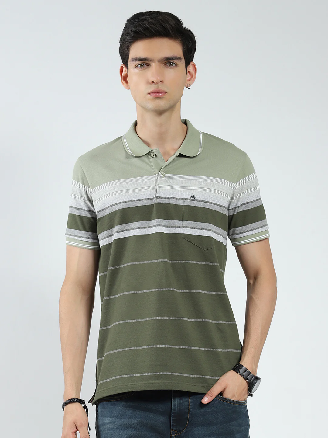 Men Olive Stripe Collar Half Sleeve T-Shirt