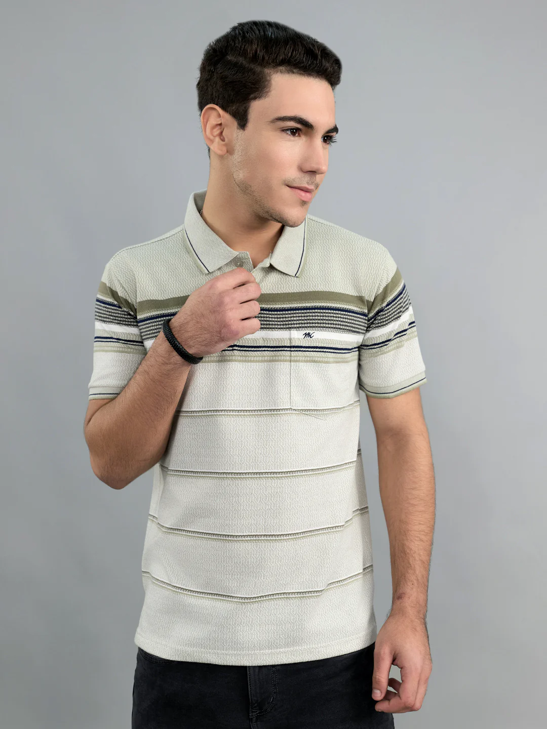 Men Olive Stripe Collar Half Sleeve T-Shirt