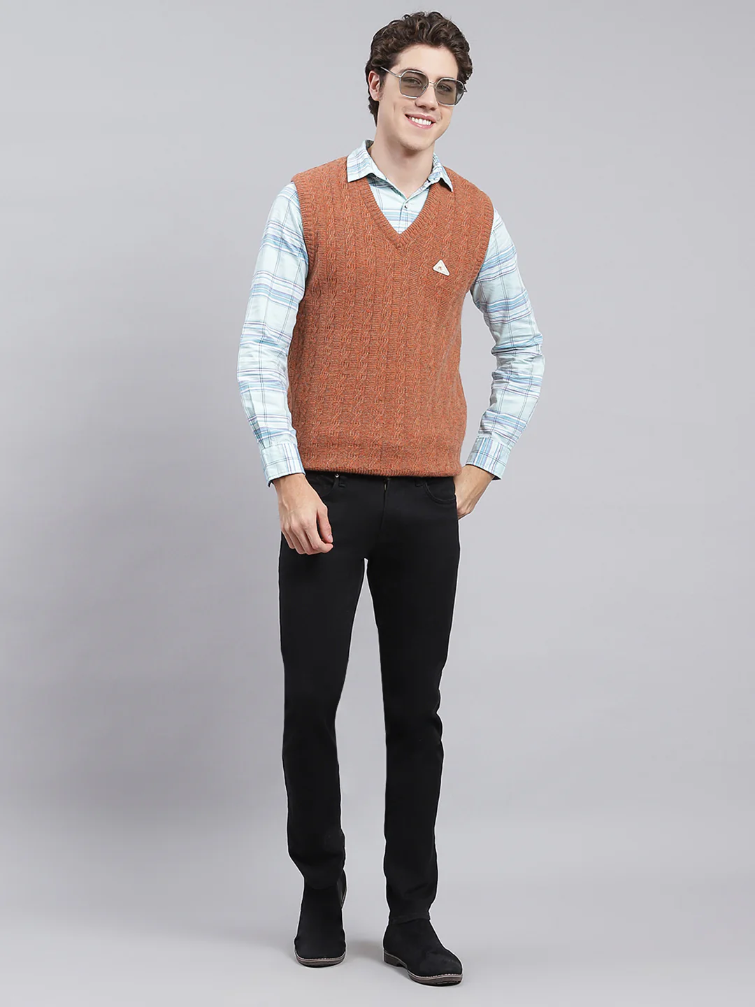 Men Orange Self Design Lamb wool Sweater