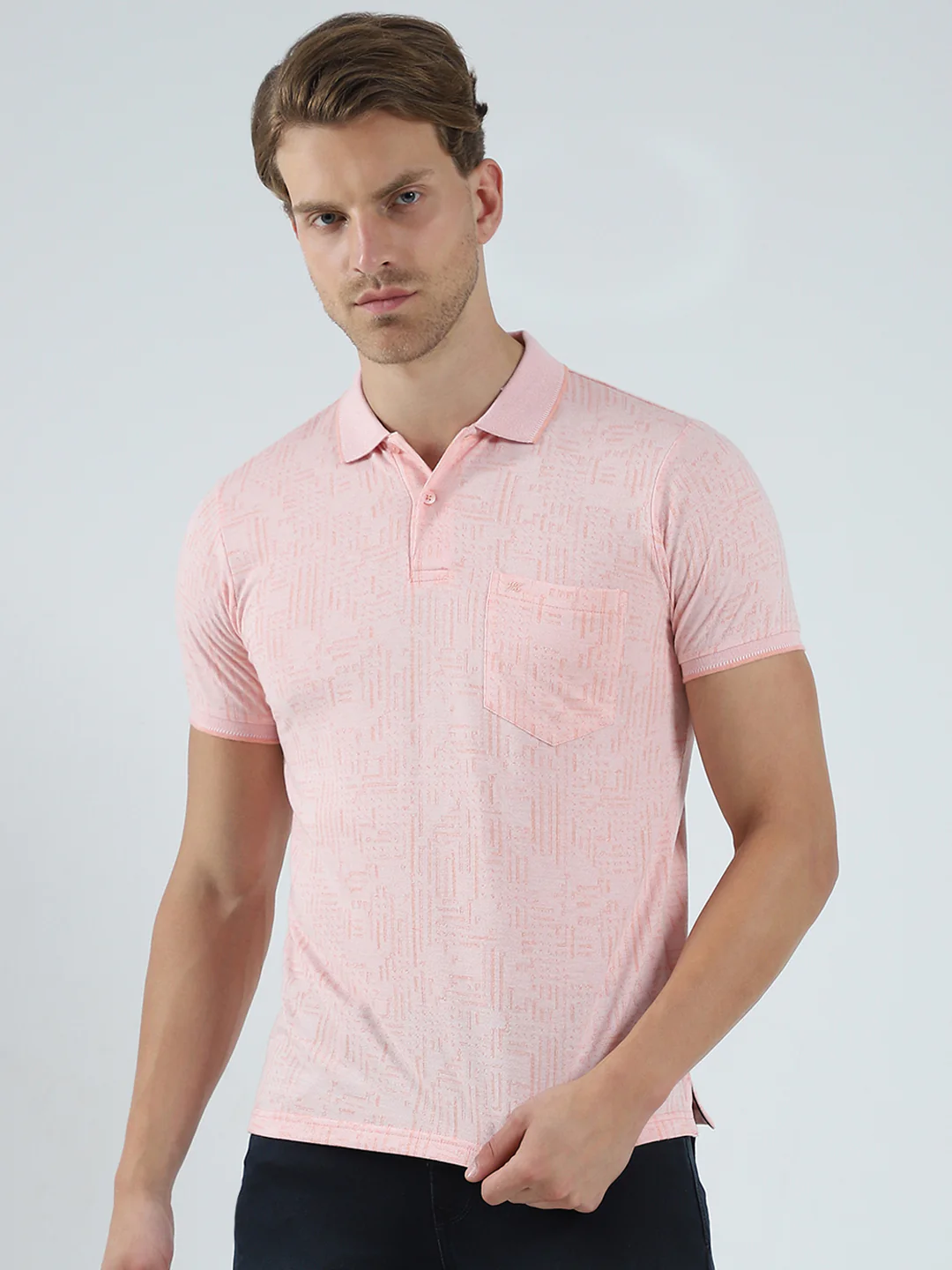 Men Peach Self Design Collar Half Sleeve T-Shirt