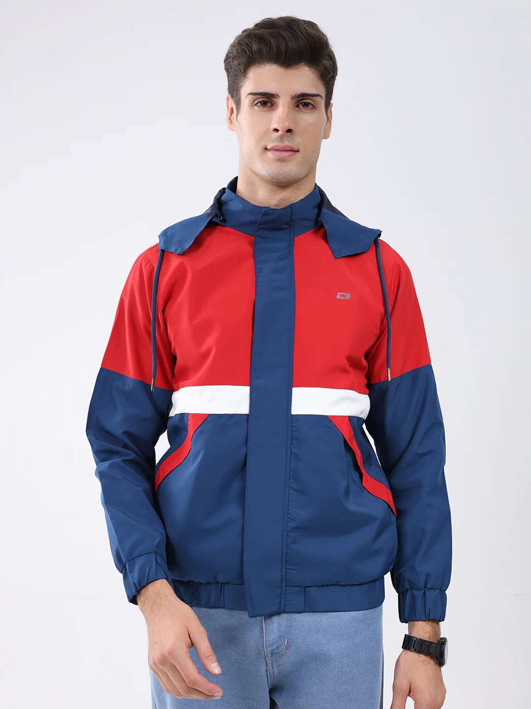 Men Red Colourblocked Hooded Full Sleeve Jacket