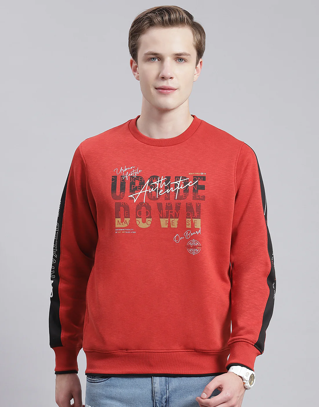 Men Red Printed Round Neck Full Sleeve Sweatshirt