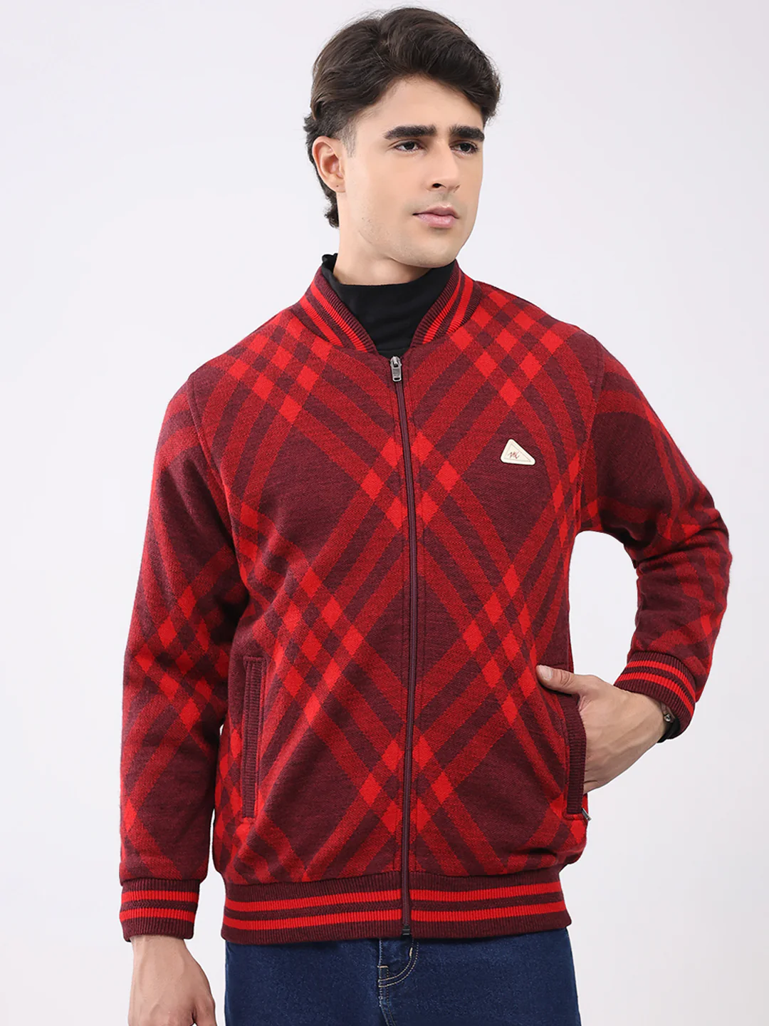 Men Red Printed T Neck Full Sleeve Jacket