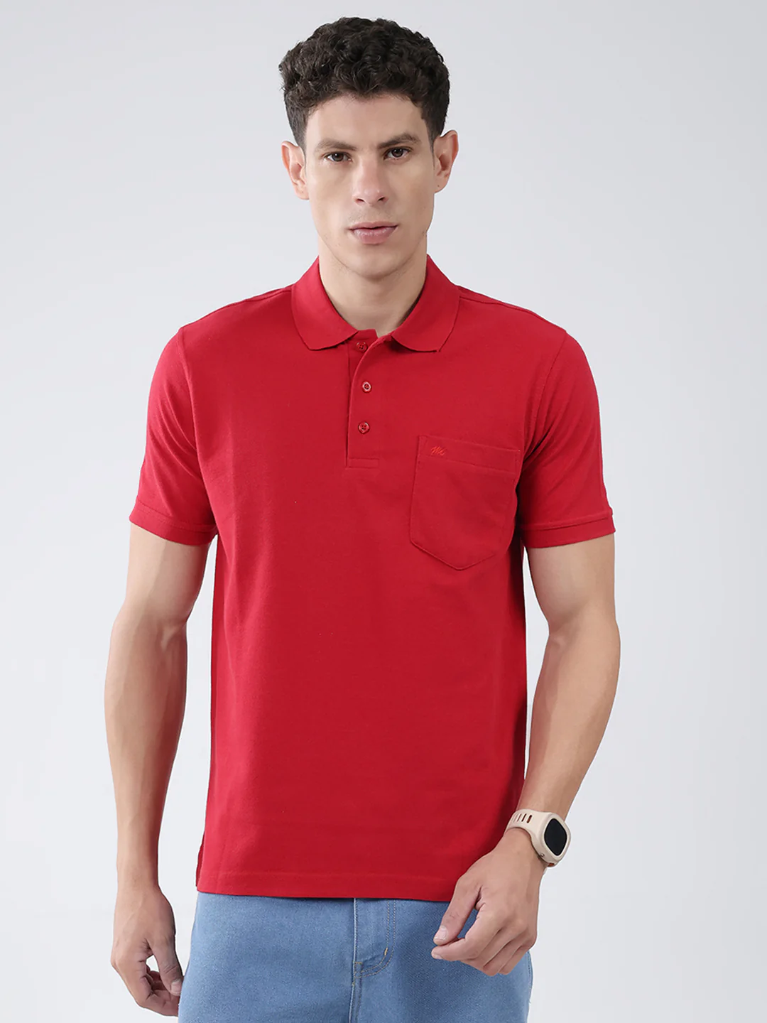 Men Red Solid Collar Half Sleeve T-Shirt