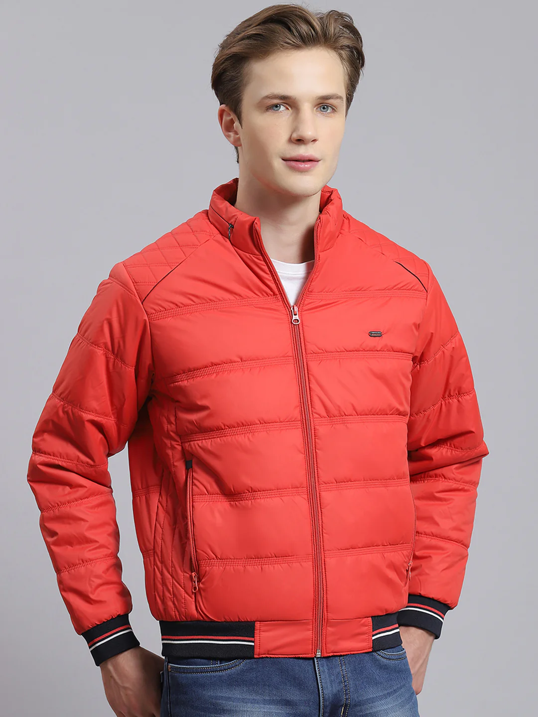 Men Red Solid Stand Collar Full Sleeve Jacket