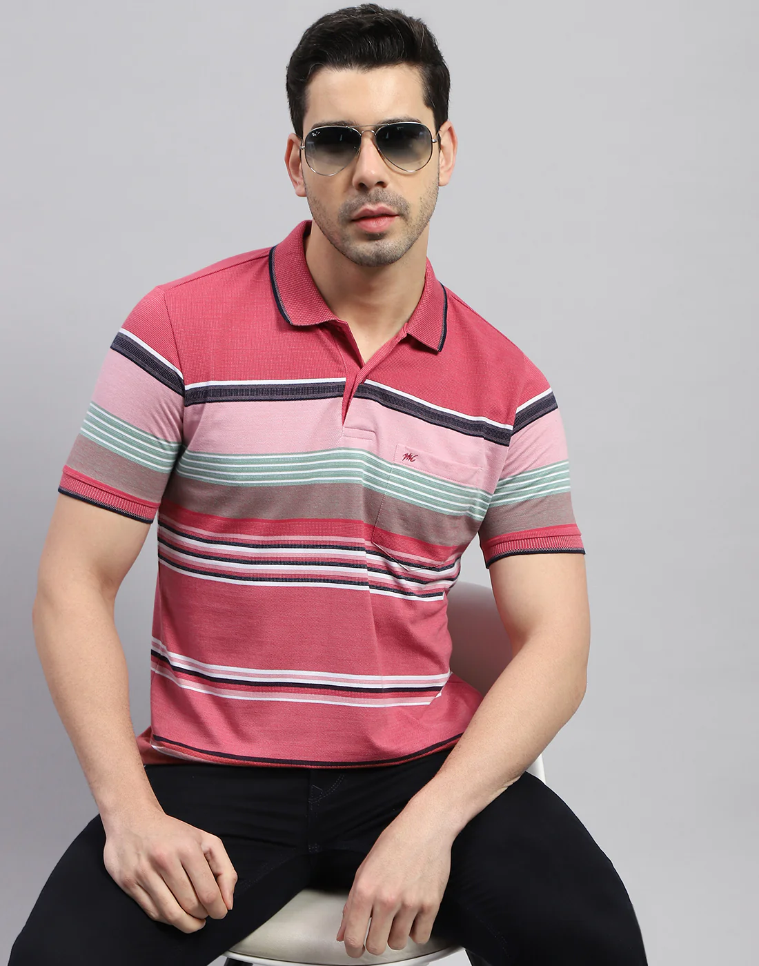 Men Red Stripe Polo Collar Half Sleeve T-Shirt