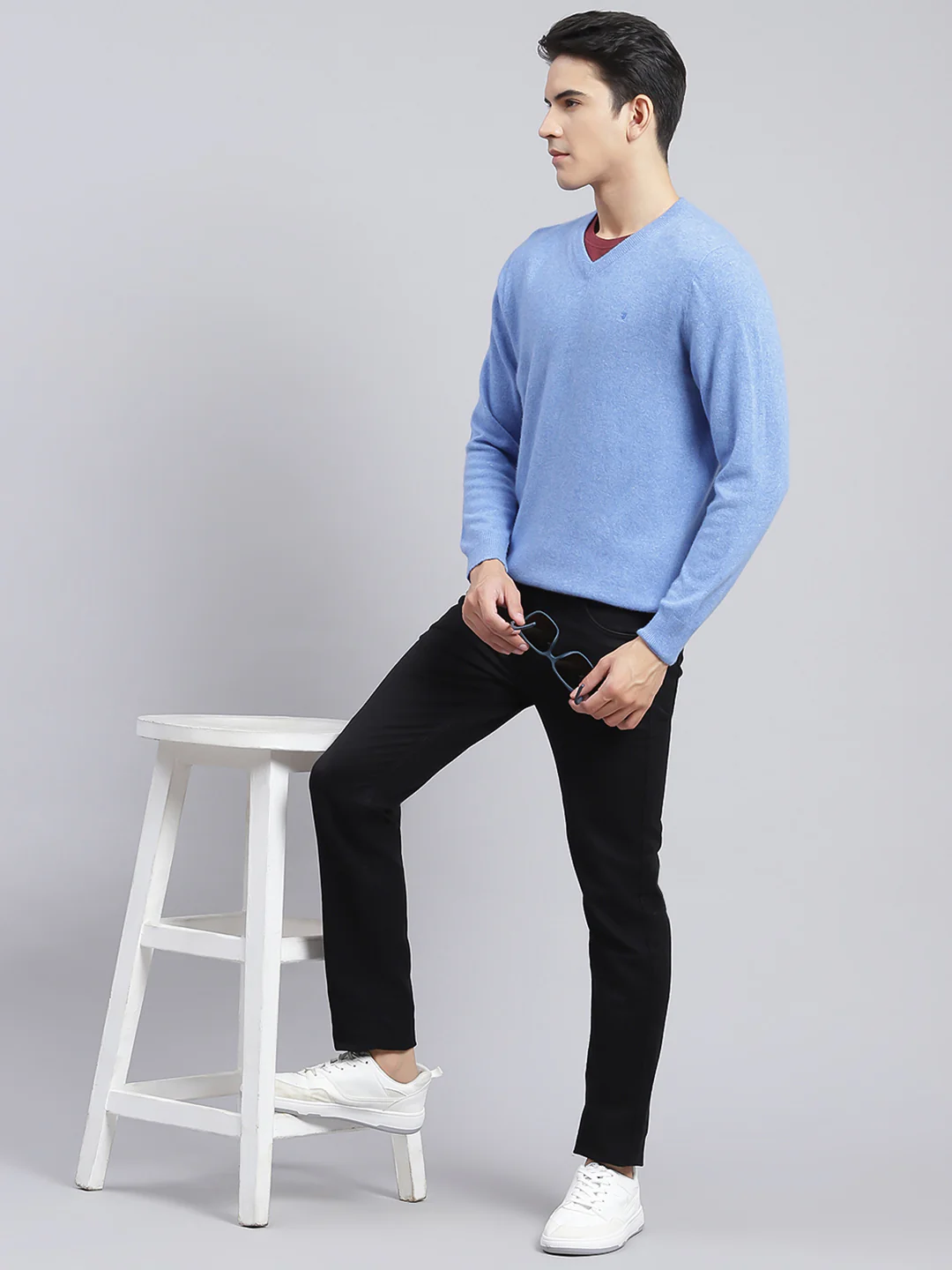 Men Sky Blue Solid Lamb wool Pullover