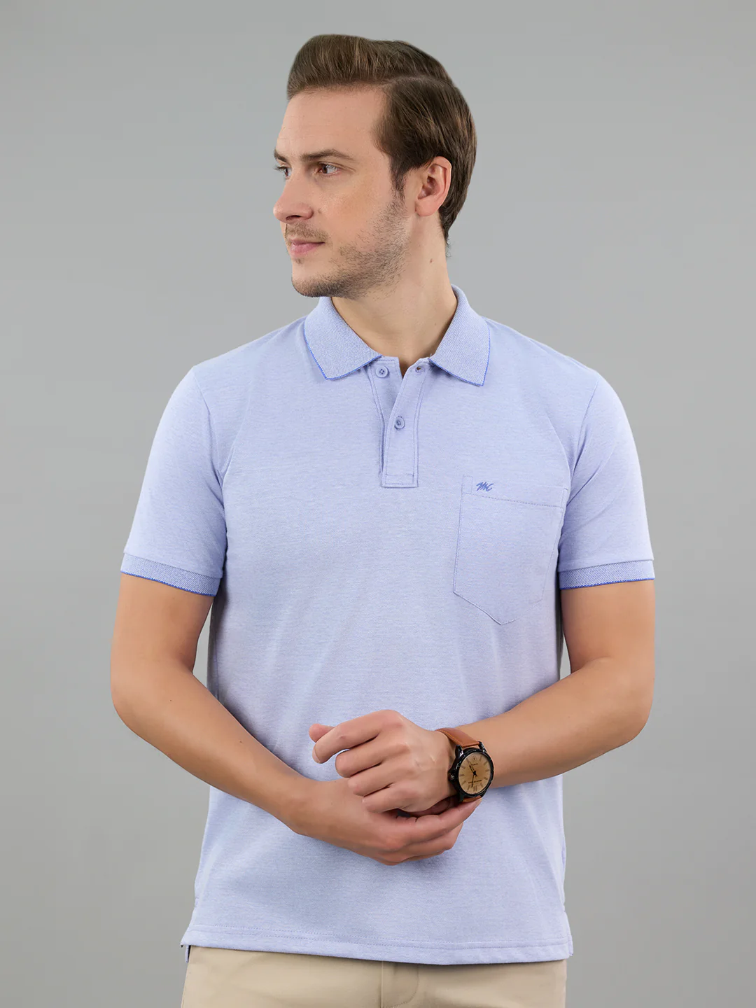 Men Sky Blue Solid Polo Collar Half Sleeve T-Shirt