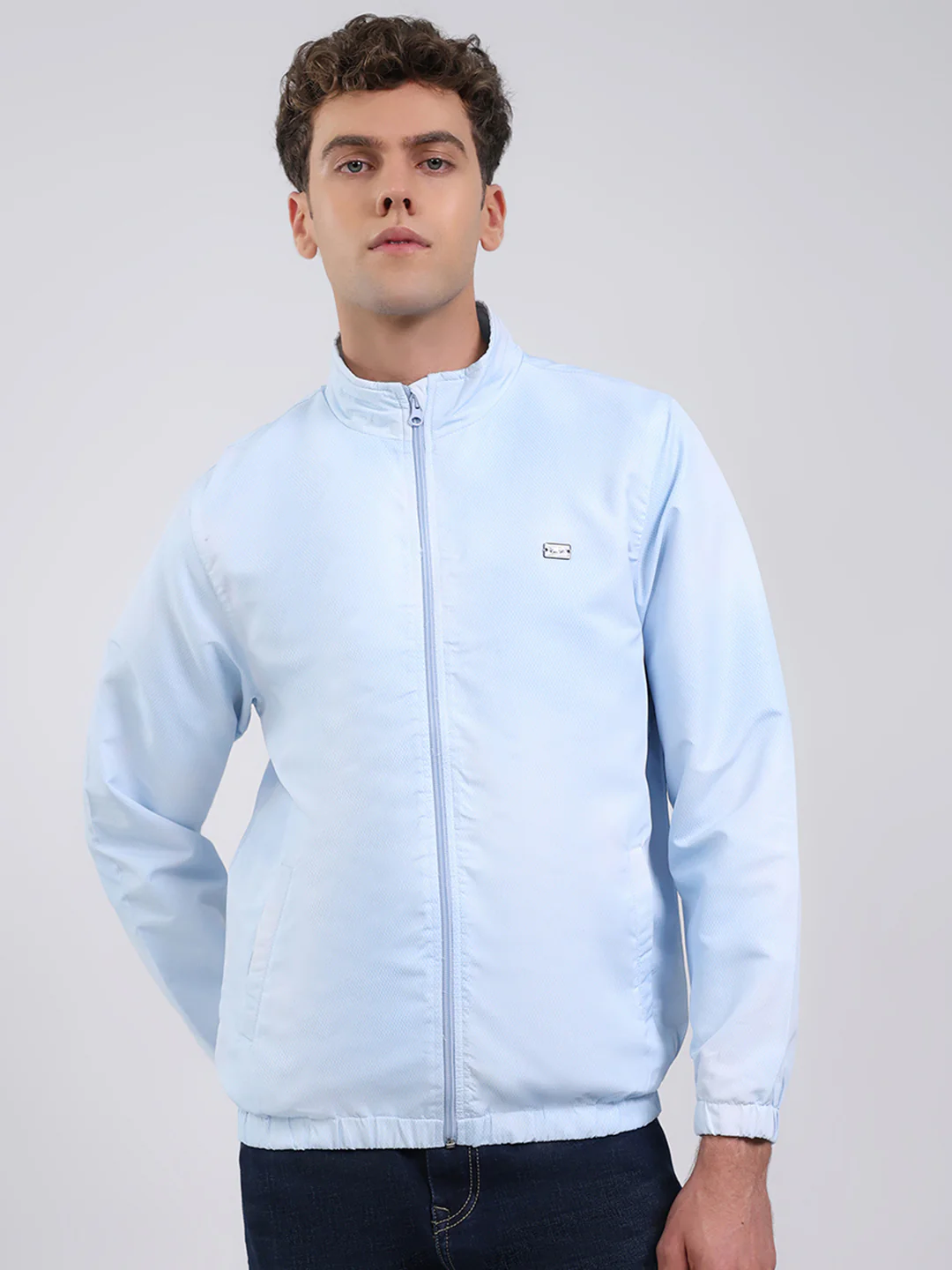Men Sky Blue Solid Stand Collar Full Sleeve Jacket