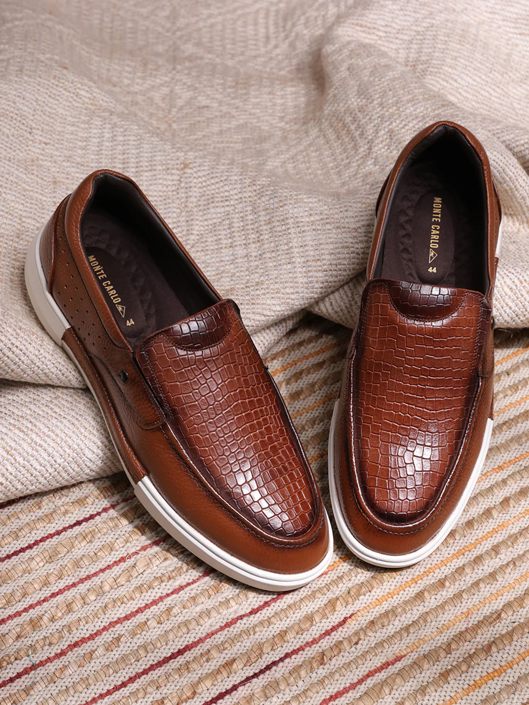 Monte Carlo Tan Croc Print Leather Casual Slip on Shoes for Men