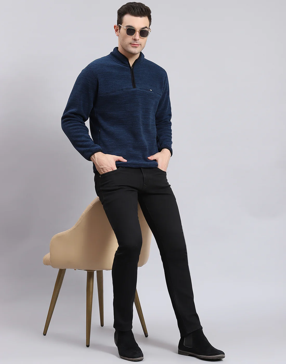 Men Teal Blue Self Design T Neck Full Sleeve Sweatshirt