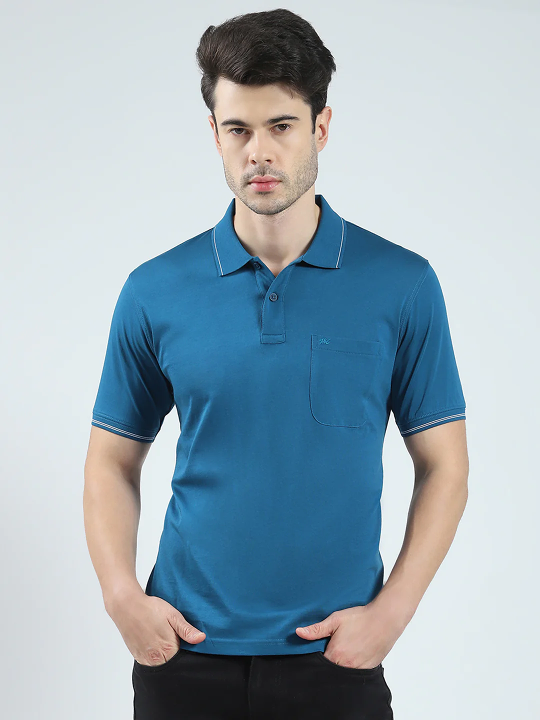 Men Teal Blue Solid Collar Half Sleeve T-Shirt