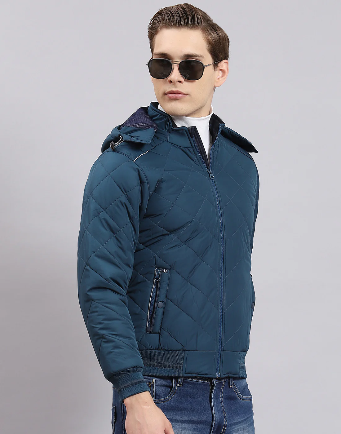Men Teal Blue Solid Hooded Full Sleeve Jacket