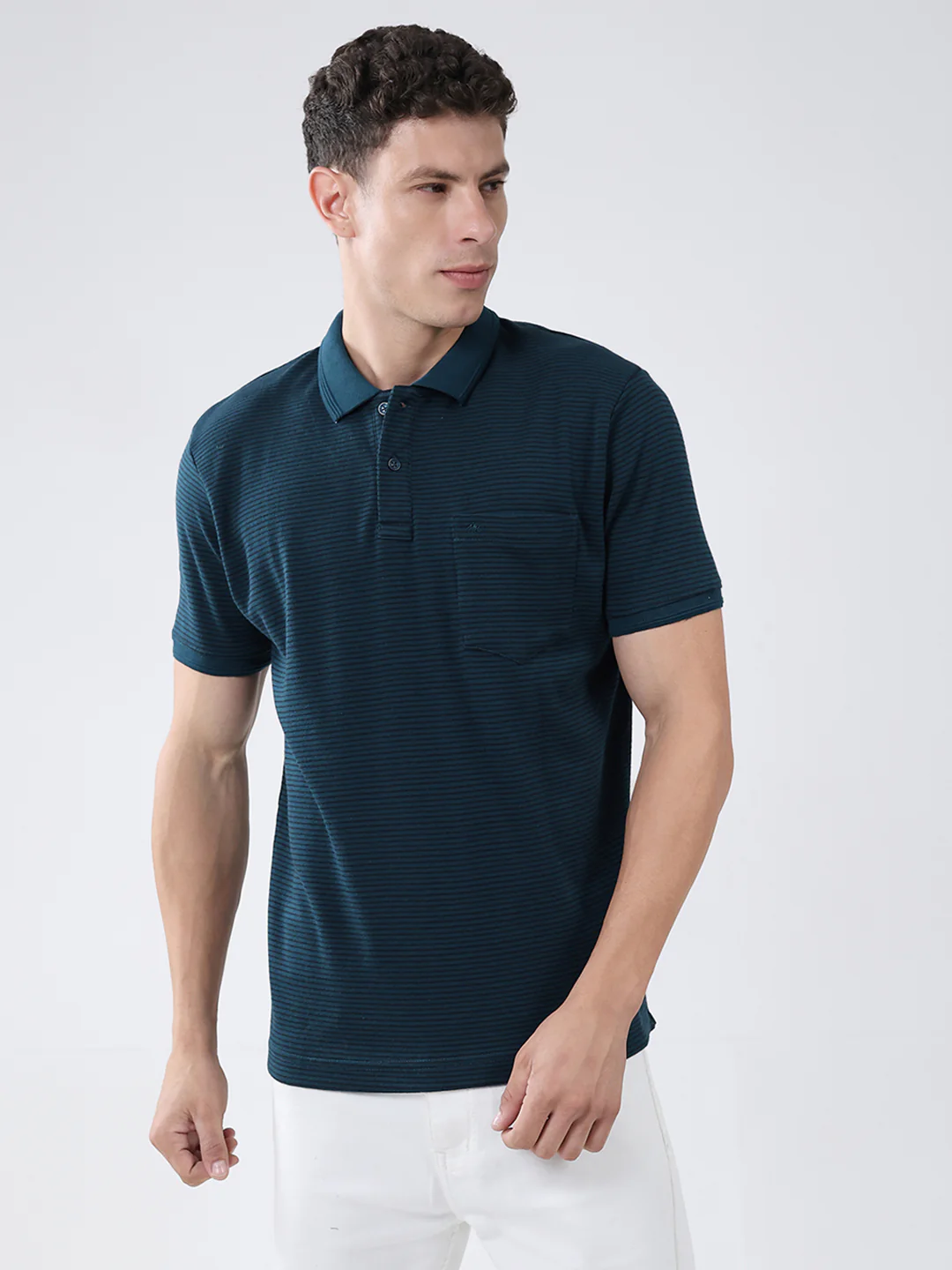 Men Teal Blue Stripe Collar Half Sleeve T-Shirt
