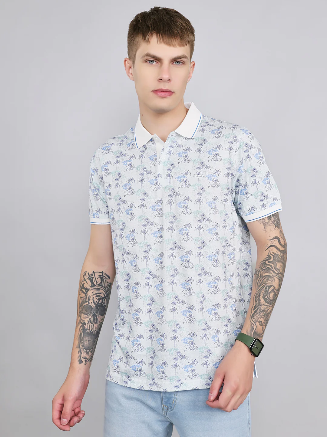 Men White Printed Collar Half Sleeve T-Shirt
