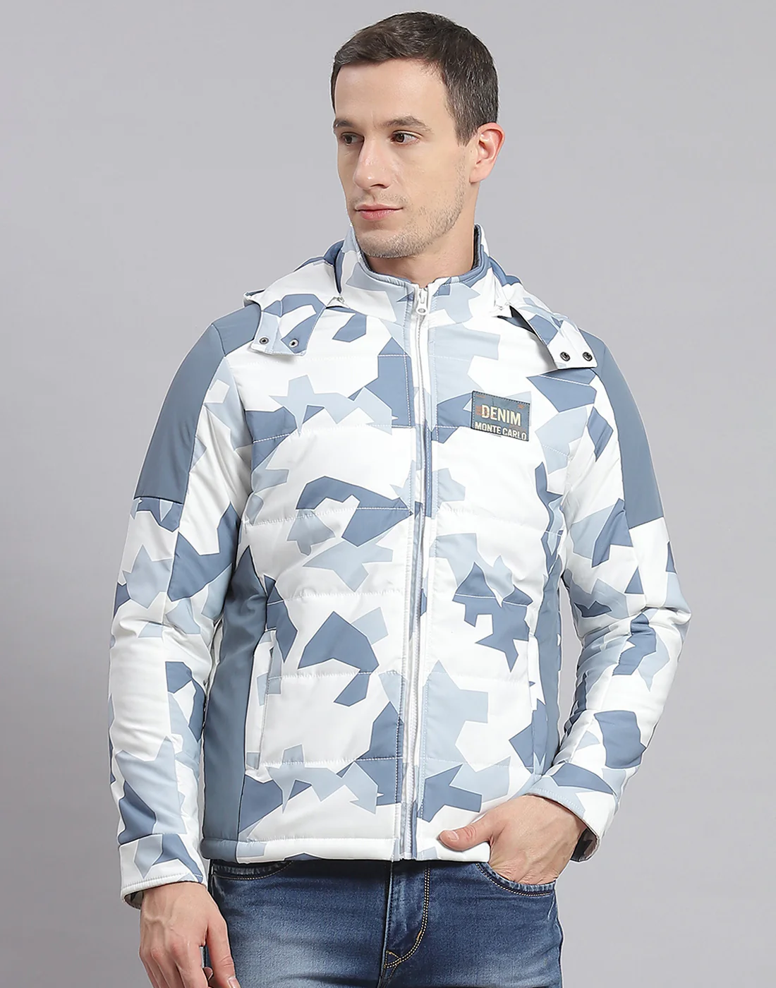 Men White Printed Hooded Full Sleeve Jacket