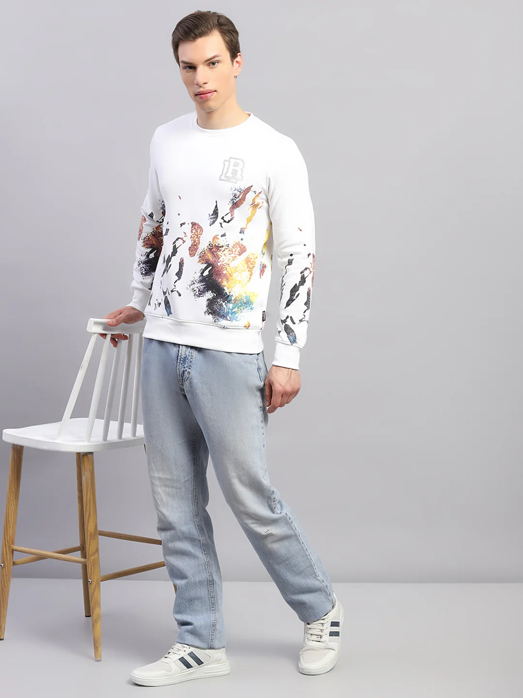 Rock.it Men White Printed Round Neck Full Sleeve Sweatshirt