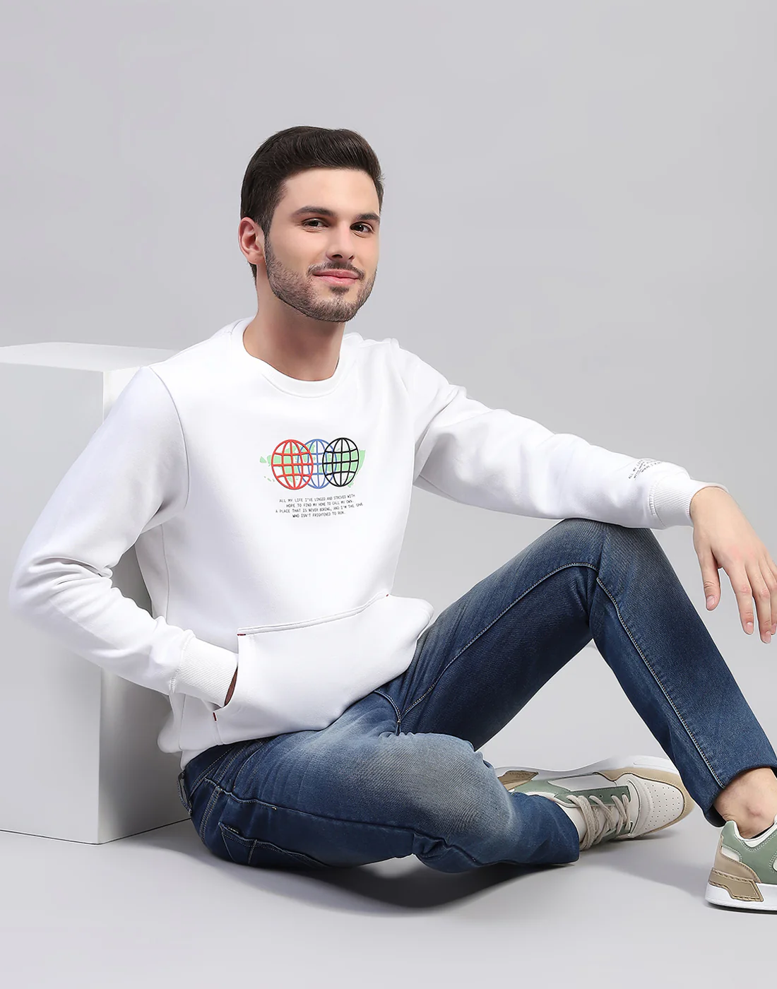 Rock.it Men White Printed Round Neck Full Sleeve Sweatshirt