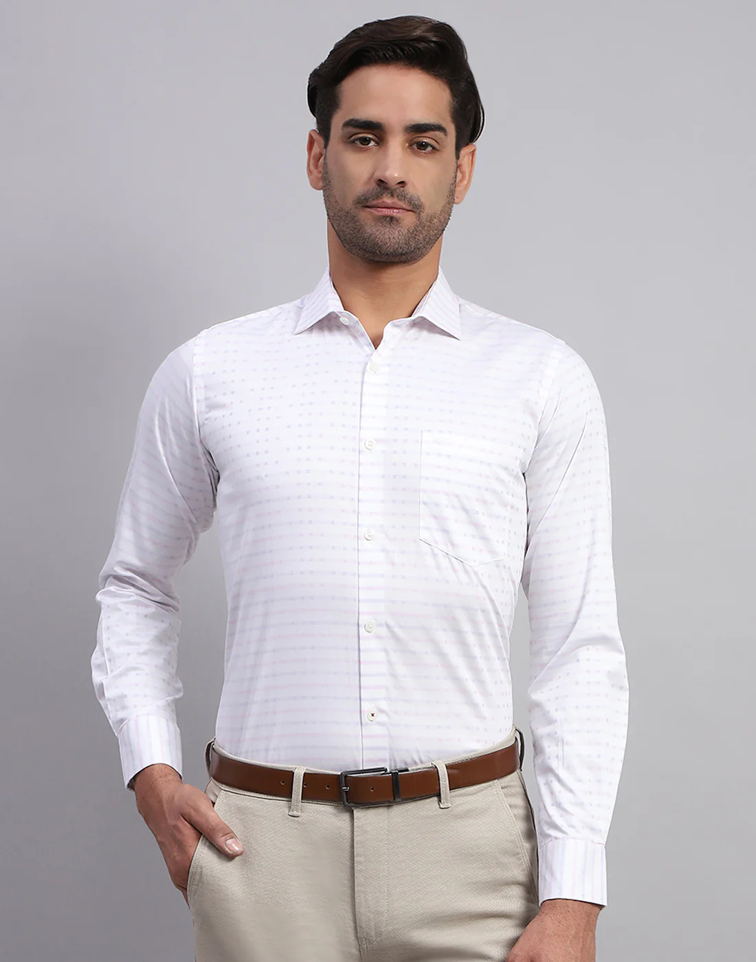 Men White Self Design Collar Full Sleeve Shirt - Image 2