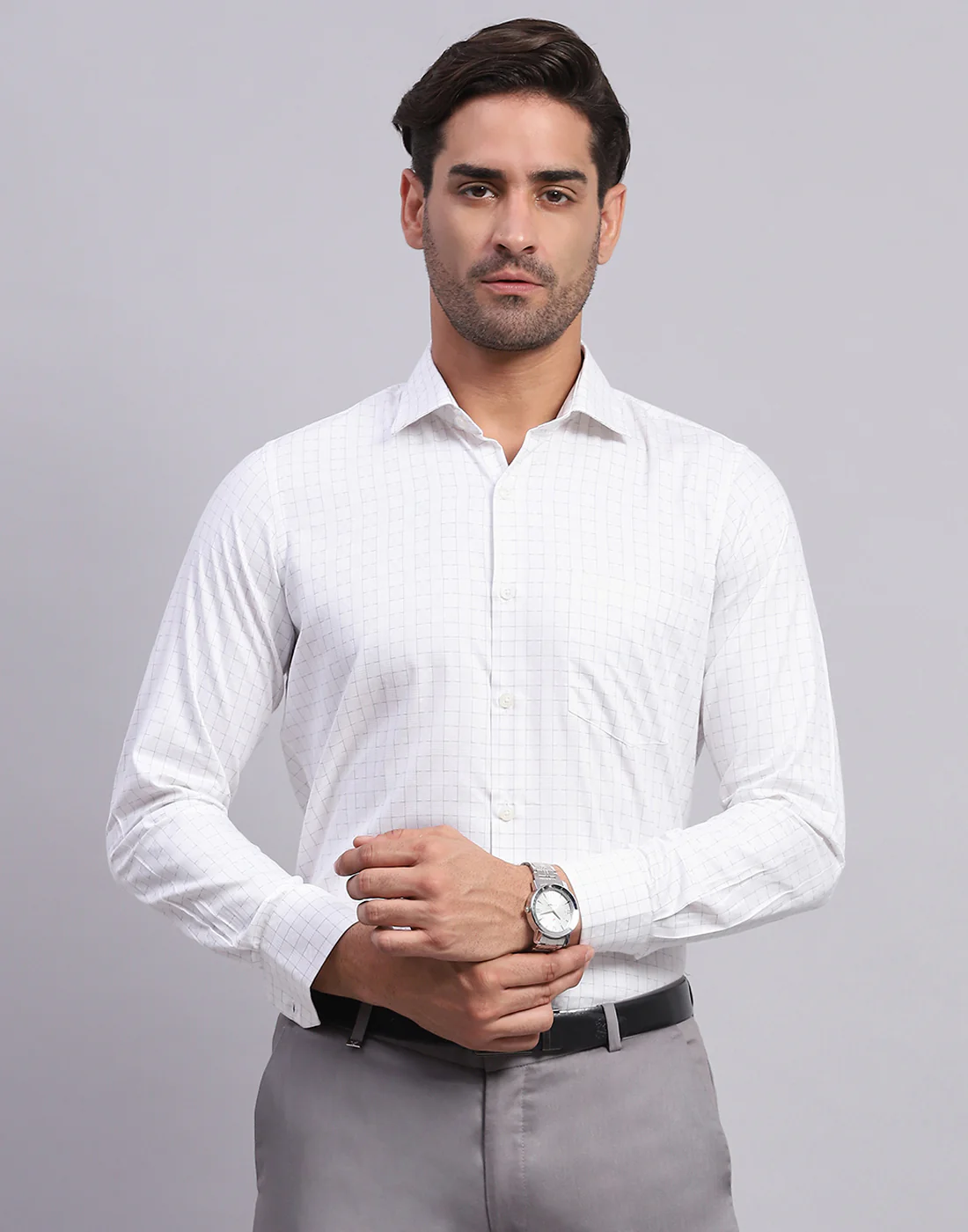 Men White Self Design Collar Full Sleeve Shirt - Image 2