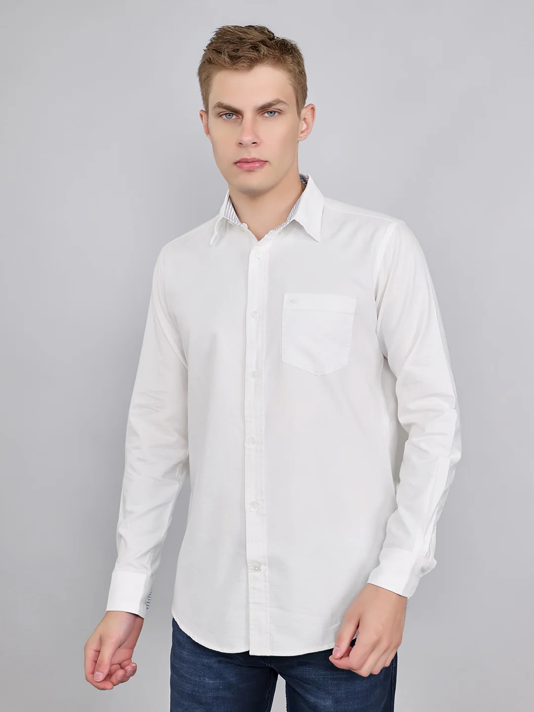 Men White Solid Collar Full Sleeve Shirt